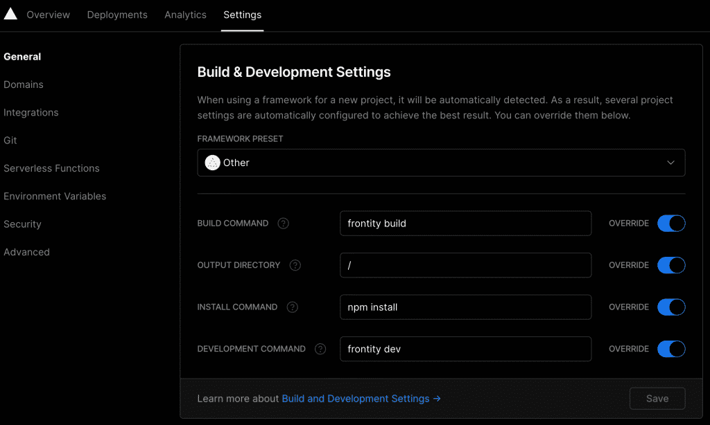 Vercel project settings -> general -> build and development settings