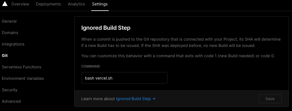 Vercel project settings -> git -> ignored build step