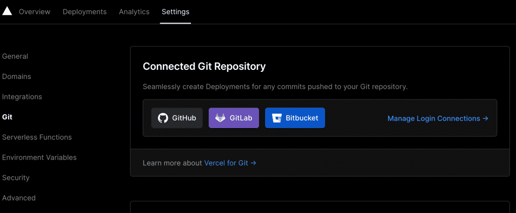 Vercel project settings -> git -> connected git repository -> not connected