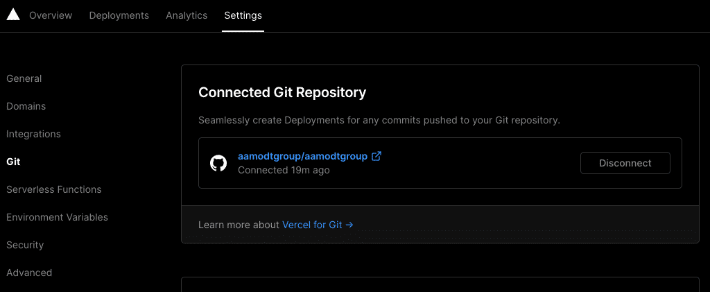 Vercel project settings -> git -> connected git repository -> connected